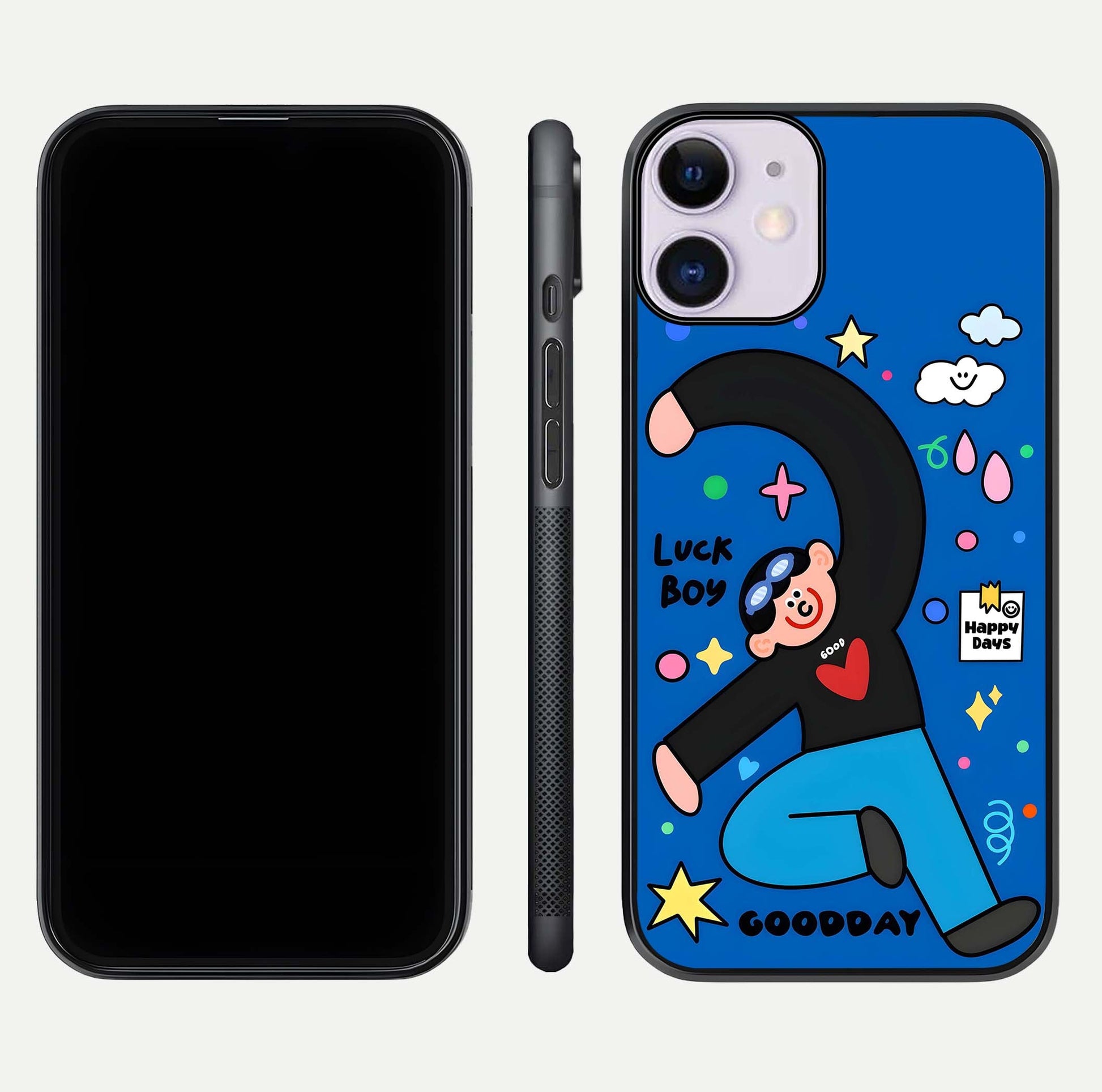 Happy Luck Vibe Glass Case for iPhone 11 front and back view layout highlighting positive motif and curved edges