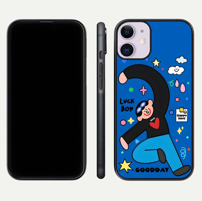 Happy Luck Vibe Glass Case for iPhone 11 front and back view layout highlighting positive motif and curved edges