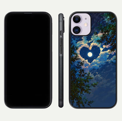 Heart with Moon Sky Glass Case for iPhone 11 front and back view layout displaying celestial tones and curved glass