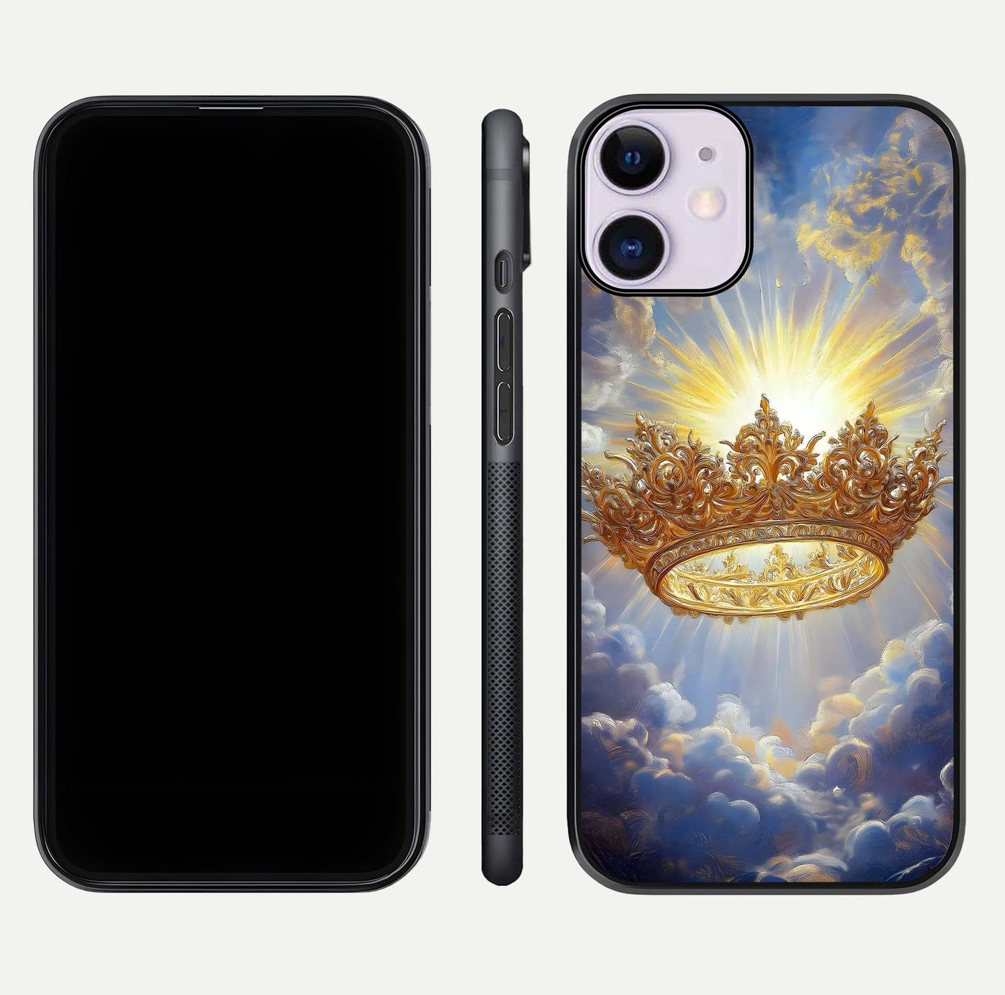 Heavenly Crown Light Glass Case for iPhone 11 front and back view layout highlighting golden aura tones and curved glass edges