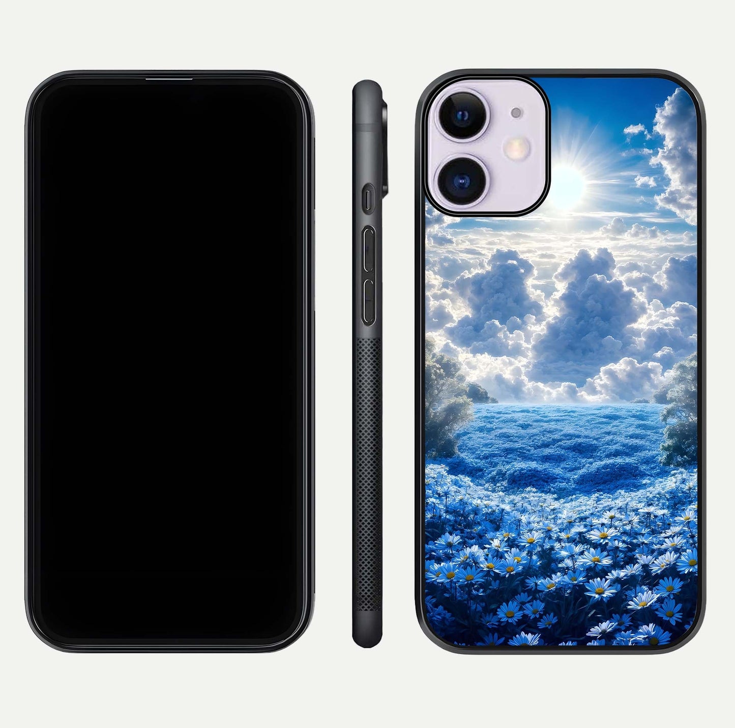 Heavenly Daisy Horizon Glass Case for iPhone 11 front and back view layout highlighting floral field tones and curved edges
