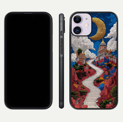 Heavenly Moon Path Glass Case for iPhone 11 front and back view layout displaying night sky tones and curved glass edges