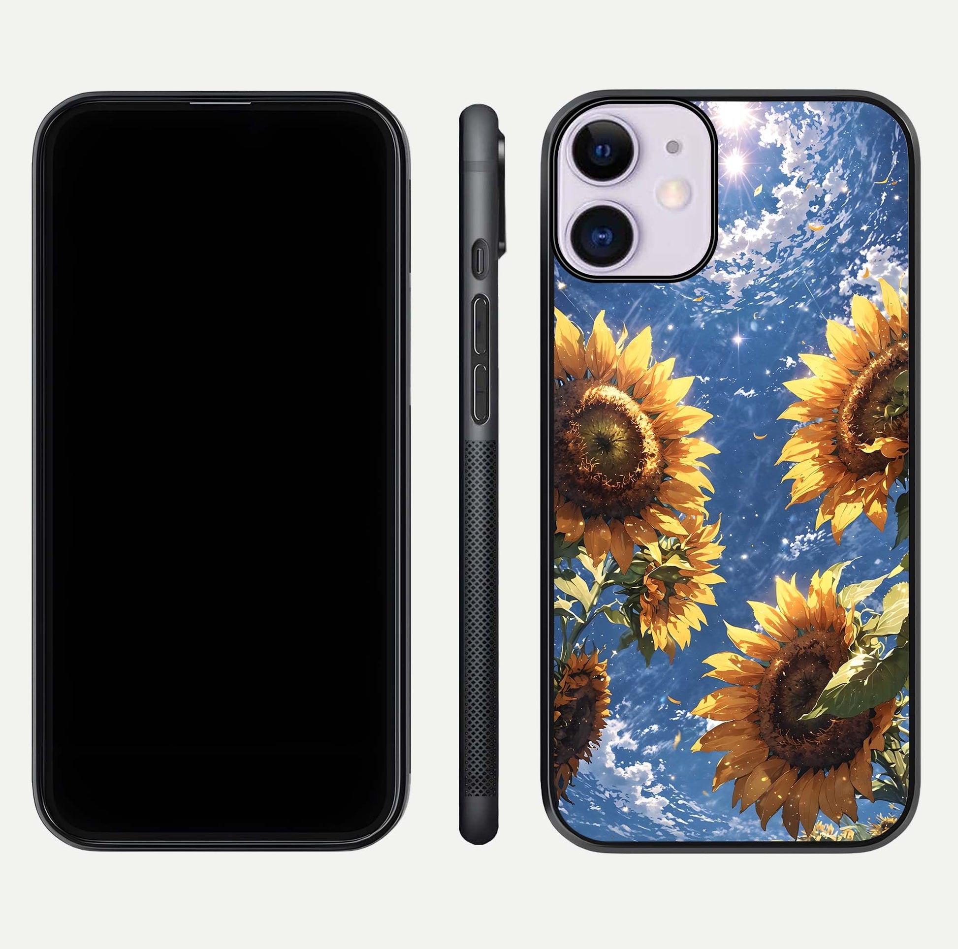 Heavenly Sunflower Rise Glass Case for iPhone 11 front and back view layout highlighting golden floral tones and curved edges