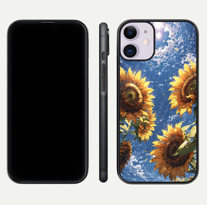 Heavenly Sunflower Rise Glass Case for iPhone 11 front and back view layout highlighting golden floral tones and curved edges