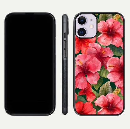 Hibiscus Pattern Glass Case for iPhone 11 front and back view layout highlighting tropical design and curved glass edges