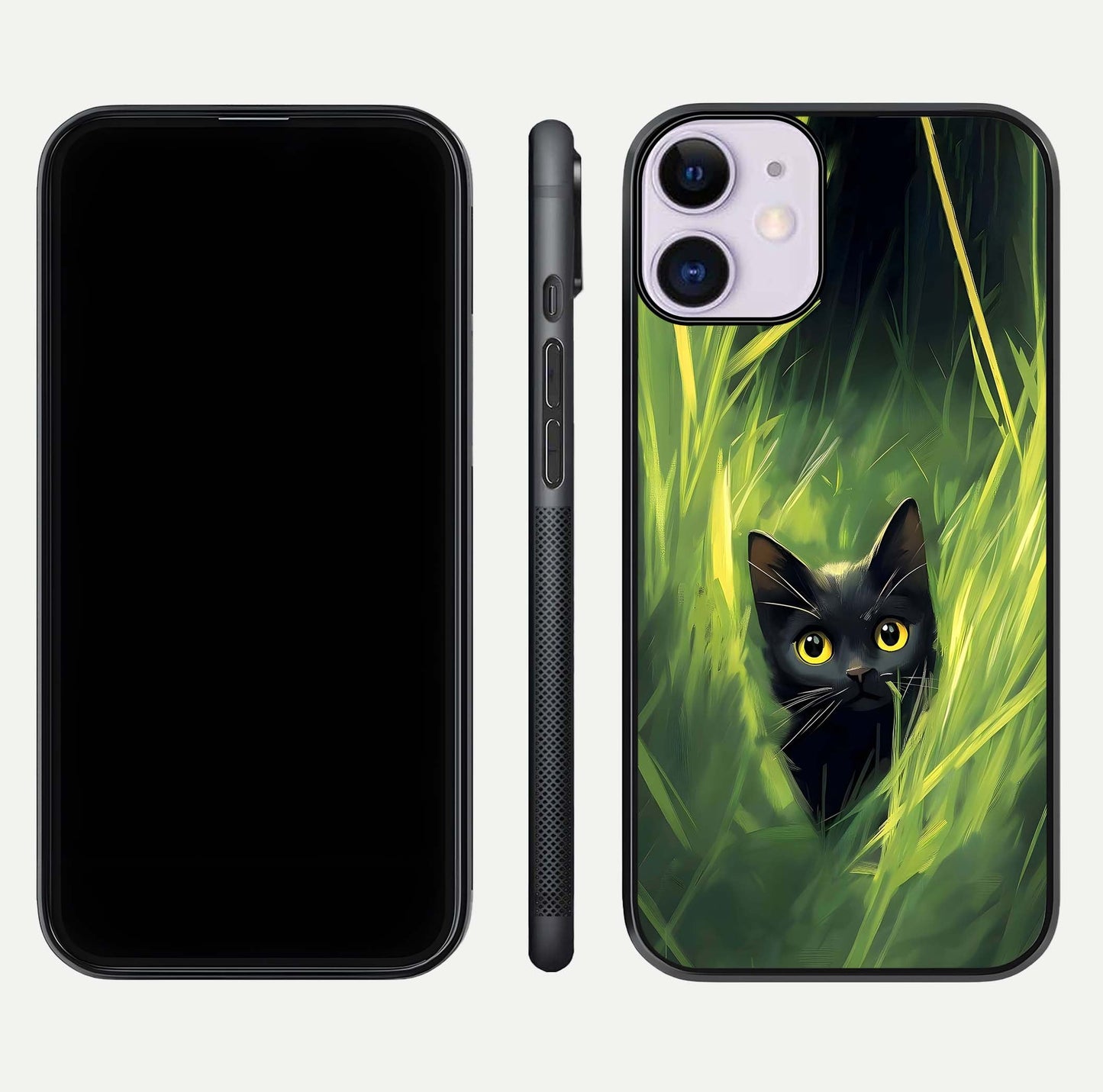 Hidden Cat Whisper Glass Case for iPhone 11 front and back view layout highlighting minimalist art and curved edges