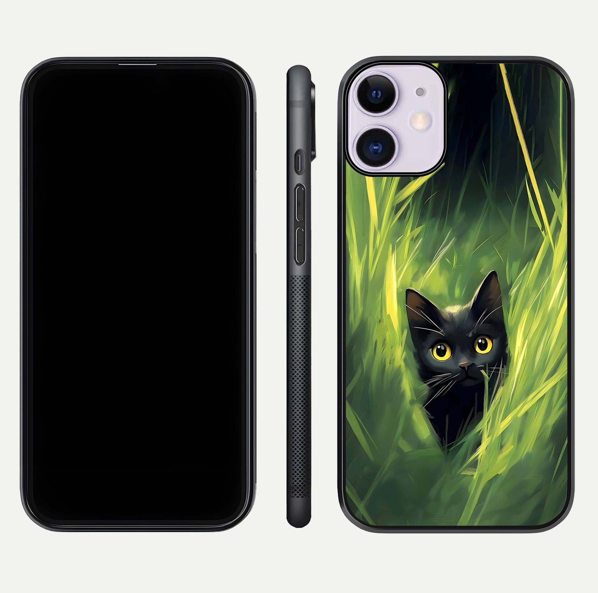 Hidden Cat Whisper Glass Case for iPhone 11 front and back view layout highlighting minimalist art and curved edges