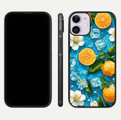 Ice Cube With Orange Glass Case for iPhone 11 front and back view layout highlighting fresh orange tones and curved edges