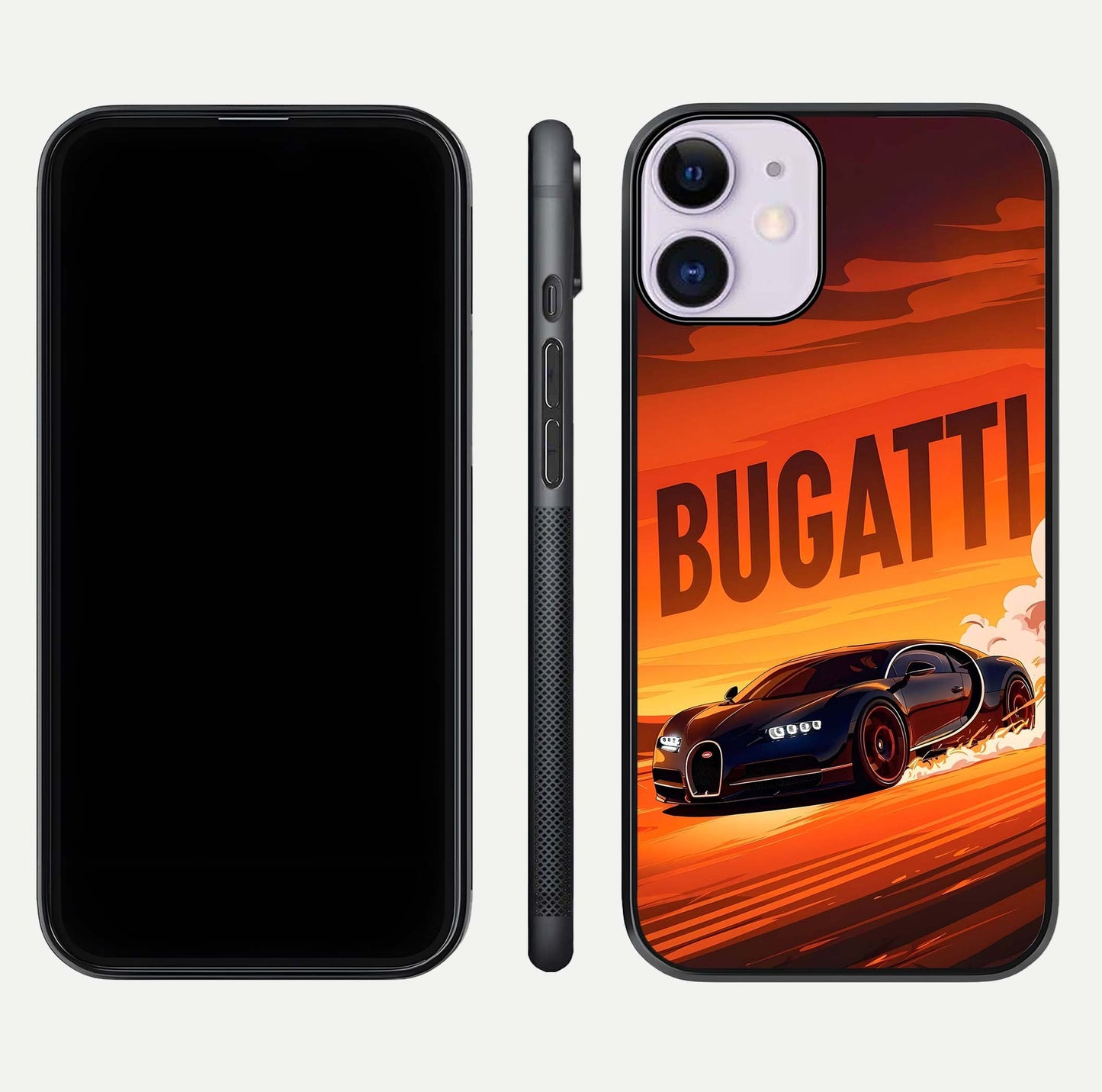 Inferno Bugatti Storm Glass Case for iPhone 11 front and back view layout highlighting car silhouette and curved glass edge