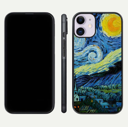 Inspired Van Gogh Art Glass Case for iPhone 11 front and back view layout displaying vivid color tones and curved glass edges