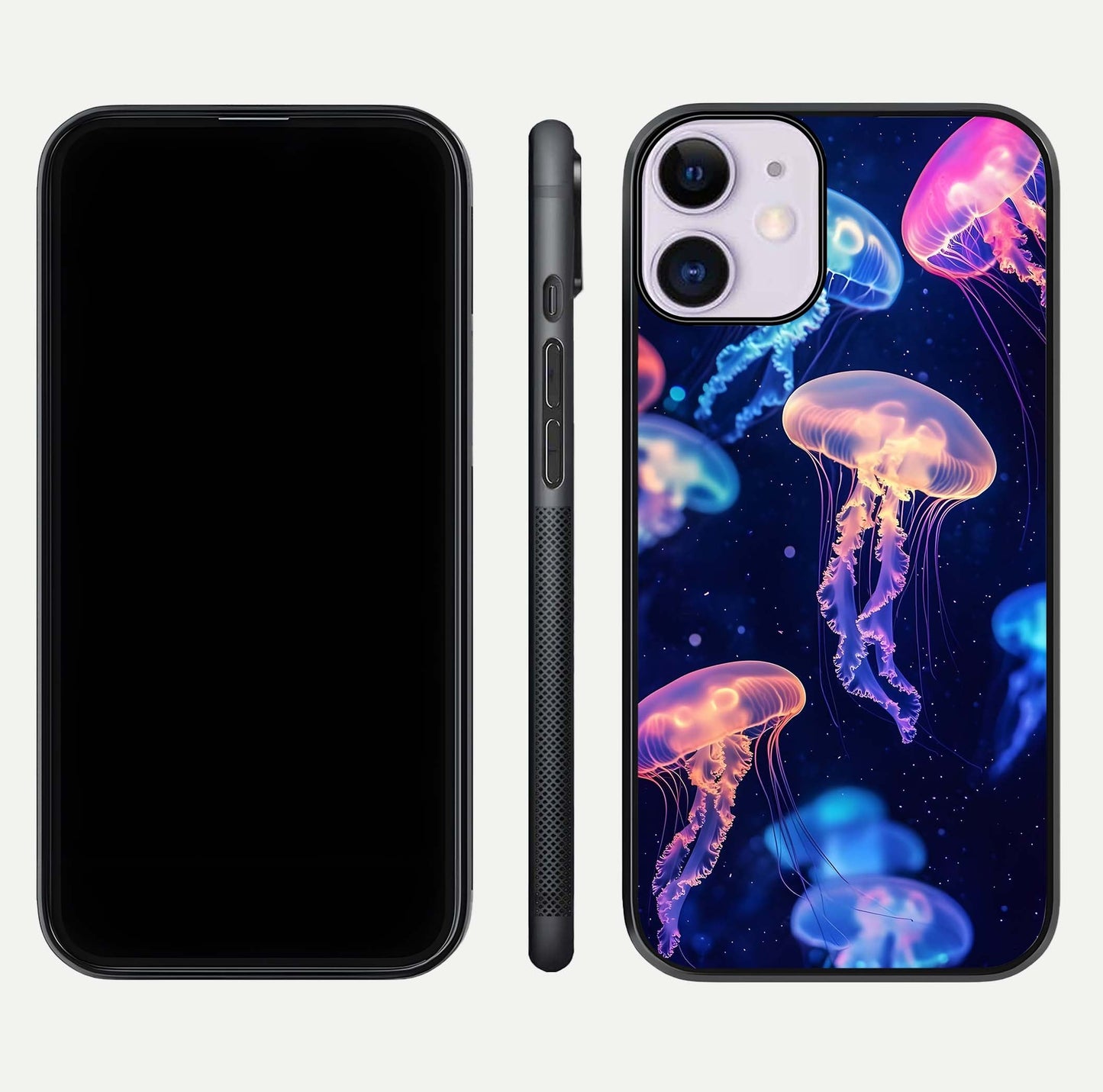 Jellyfish Pattern Glass Case for iPhone 11 front and back view layout highlighting aquatic tones and curved edges