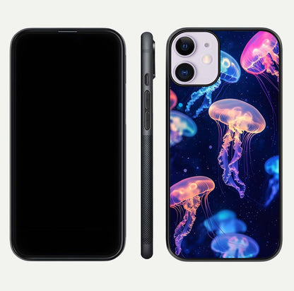 Jellyfish Pattern Glass Case for iPhone 11 front and back view layout highlighting aquatic tones and curved edges