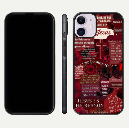 Jesus Love Heals Glass Case for iPhone 11 front and back view layout with elegant typography and smooth edges
