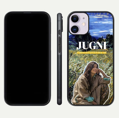 Jugni Soul Vibes Glass Case for iPhone 11 front and back view layout highlighting desi art and curved glass edges