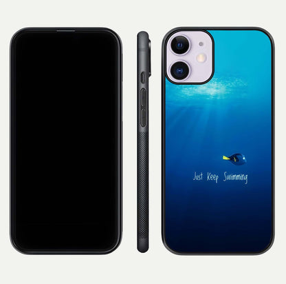 Just Keep Swimming Glass Case for iPhone 11 front and back view layout with smooth glass edges and HD text clarity