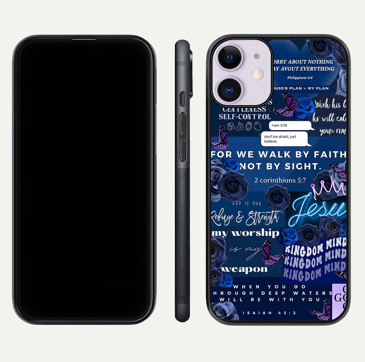 Kingdom Faith Glow Glass Case for iPhone 11 front and back view layout highlighting radiant spiritual design