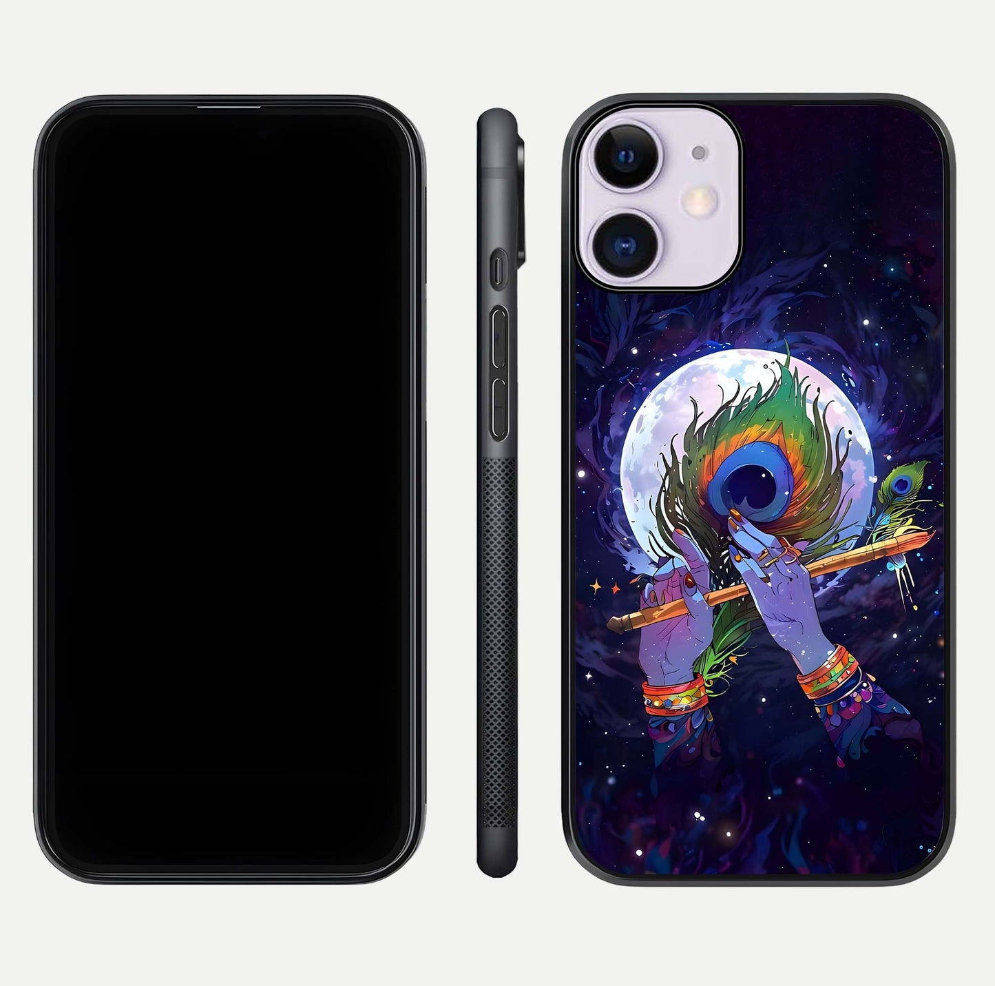 Krishna Hands Art Glass Case for iPhone 11 front and back view layout displaying soft edges and spiritual tones