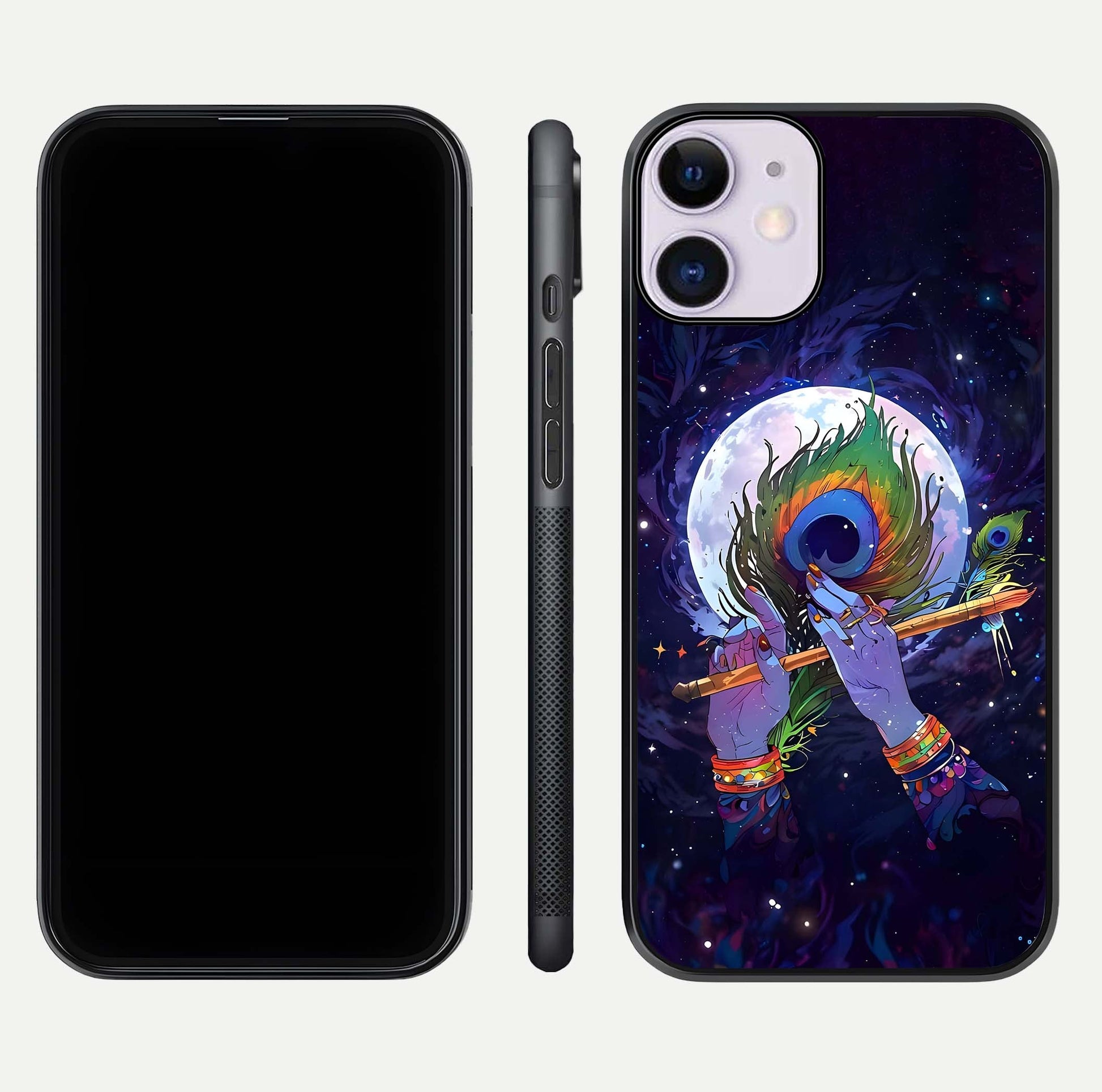Krishna Hands Art Glass Case for iPhone 11 front and back view layout displaying soft edges and spiritual tones