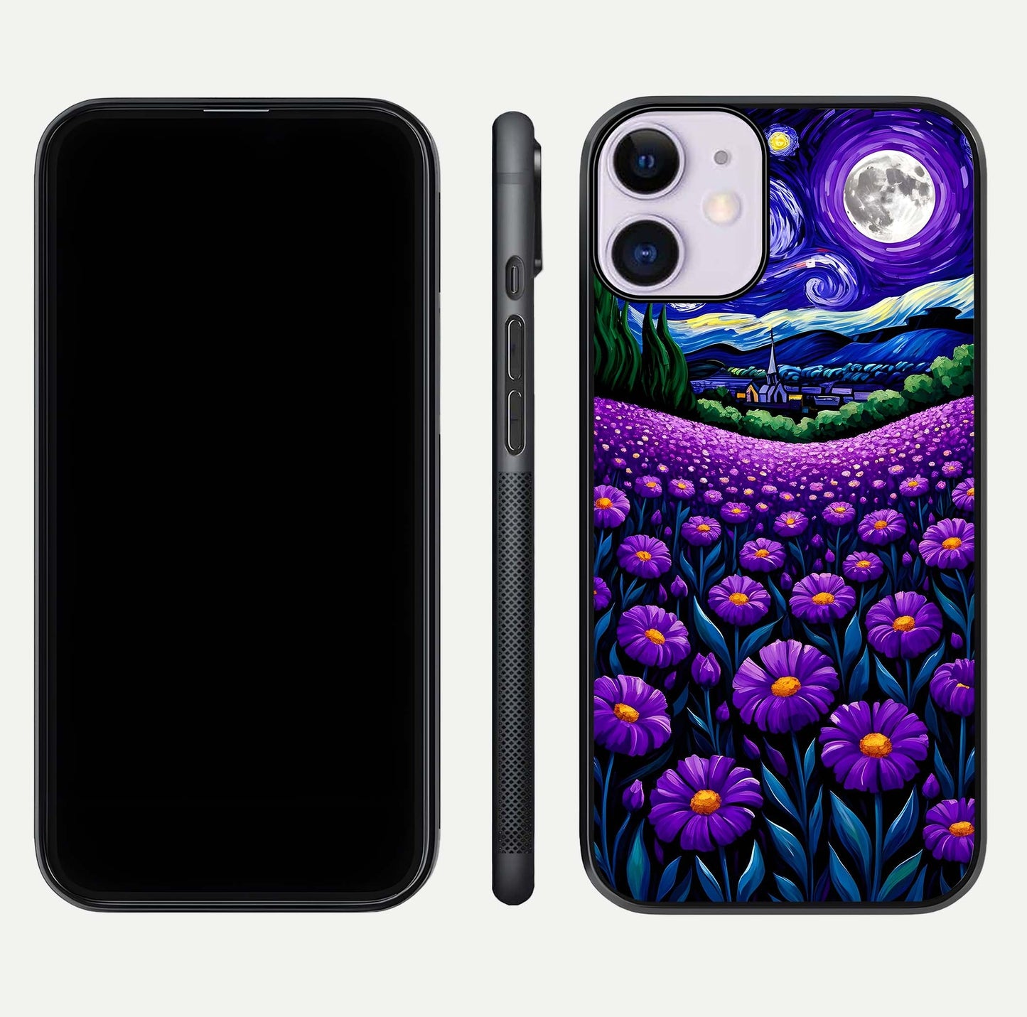Lavender Moon Field Glass Case for iPhone 11 front and back view layout with soft gradient and curved edges