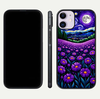 Lavender Moon Field Glass Case for iPhone 11 front and back view layout with soft gradient and curved edges