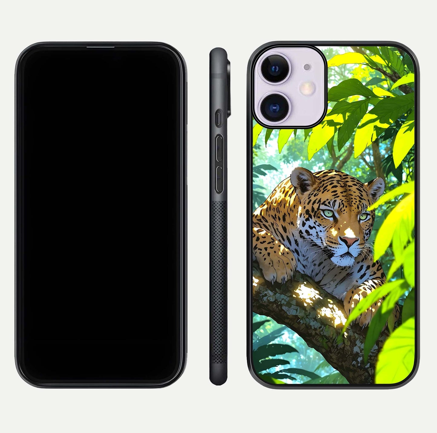 Leopard in Jungle Glass Case for iPhone 11 front & back layout with premium edge detailing and vivid jungle art