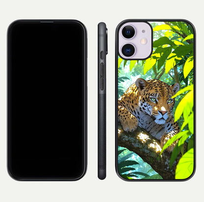 Leopard in Jungle Glass Case for iPhone 11 front & back layout with premium edge detailing and vivid jungle art