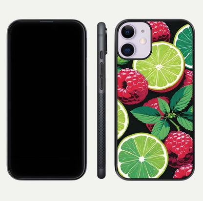 Lime and Raspberry Pattern Glass Case for iPhone 11 front & back layout highlighting fresh summer tones