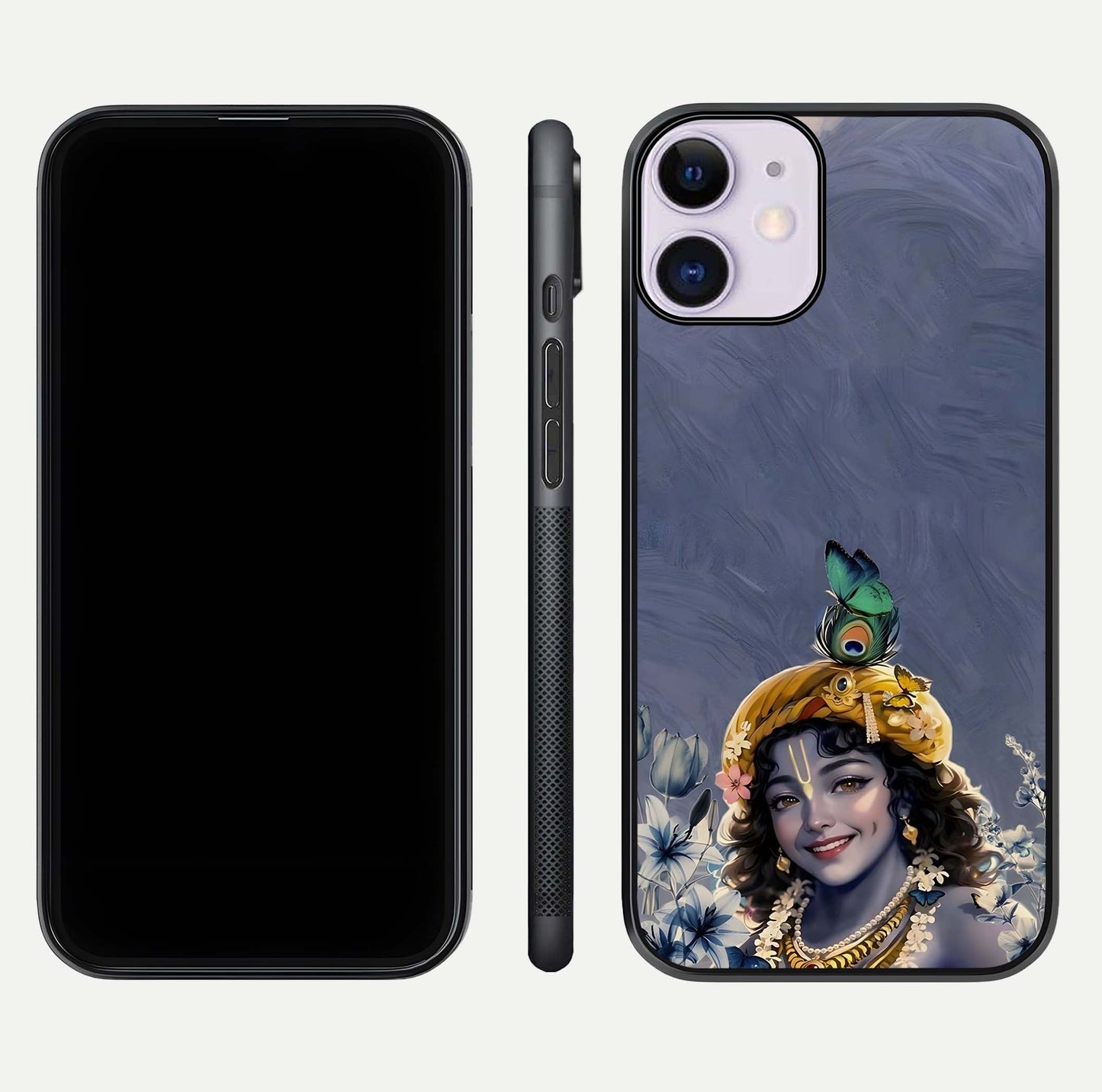 Lord Krishna Glass Case for iPhone 11 front & back layout displaying soft tones and elegant edges