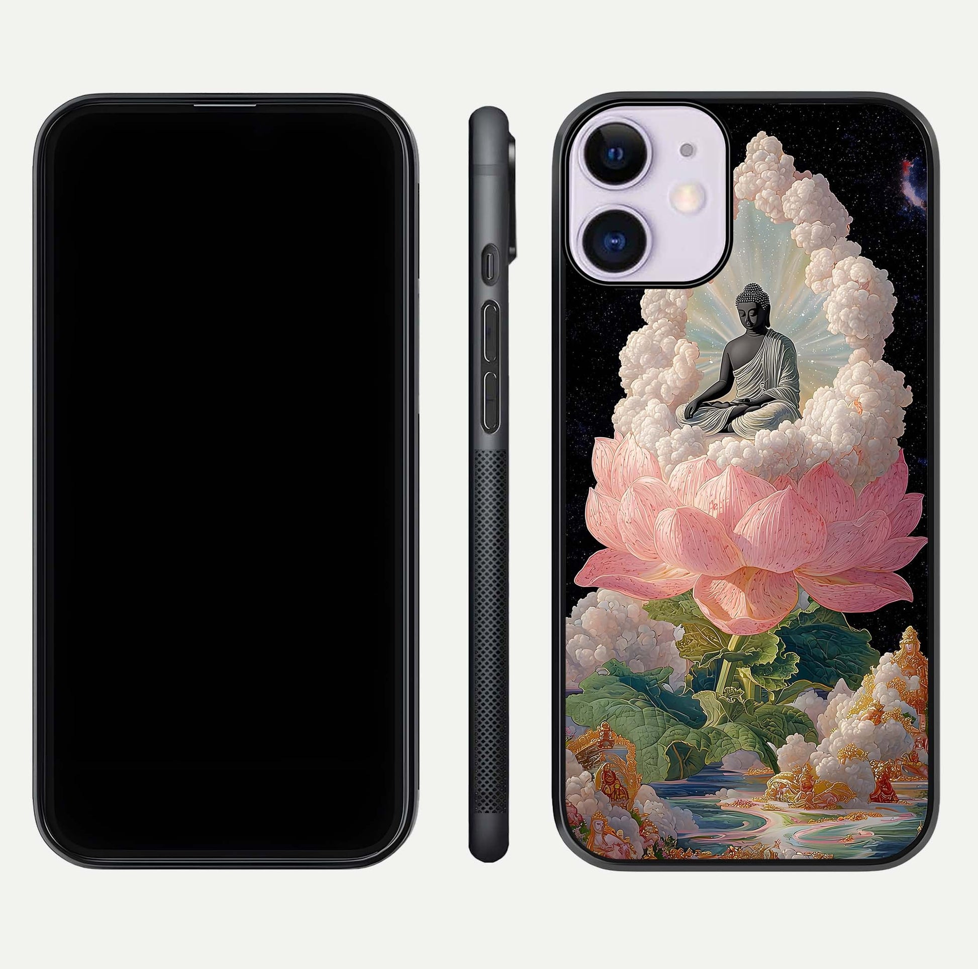 Lotus Divine Peace Glass Case for iPhone 11 front & back layout highlighting soft pink hues and curved edges