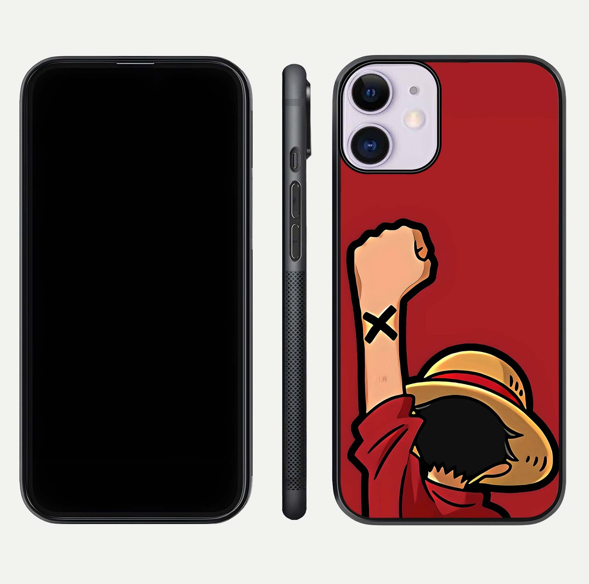 Luffy X Spirit Glass Case for iPhone 11 front & back layout displaying anime theme and curved edges