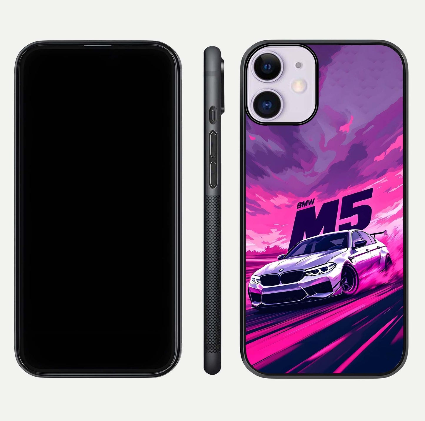 MS Neon Car Glass Case for iPhone 11 front & back layout highlighting automotive art and curved design