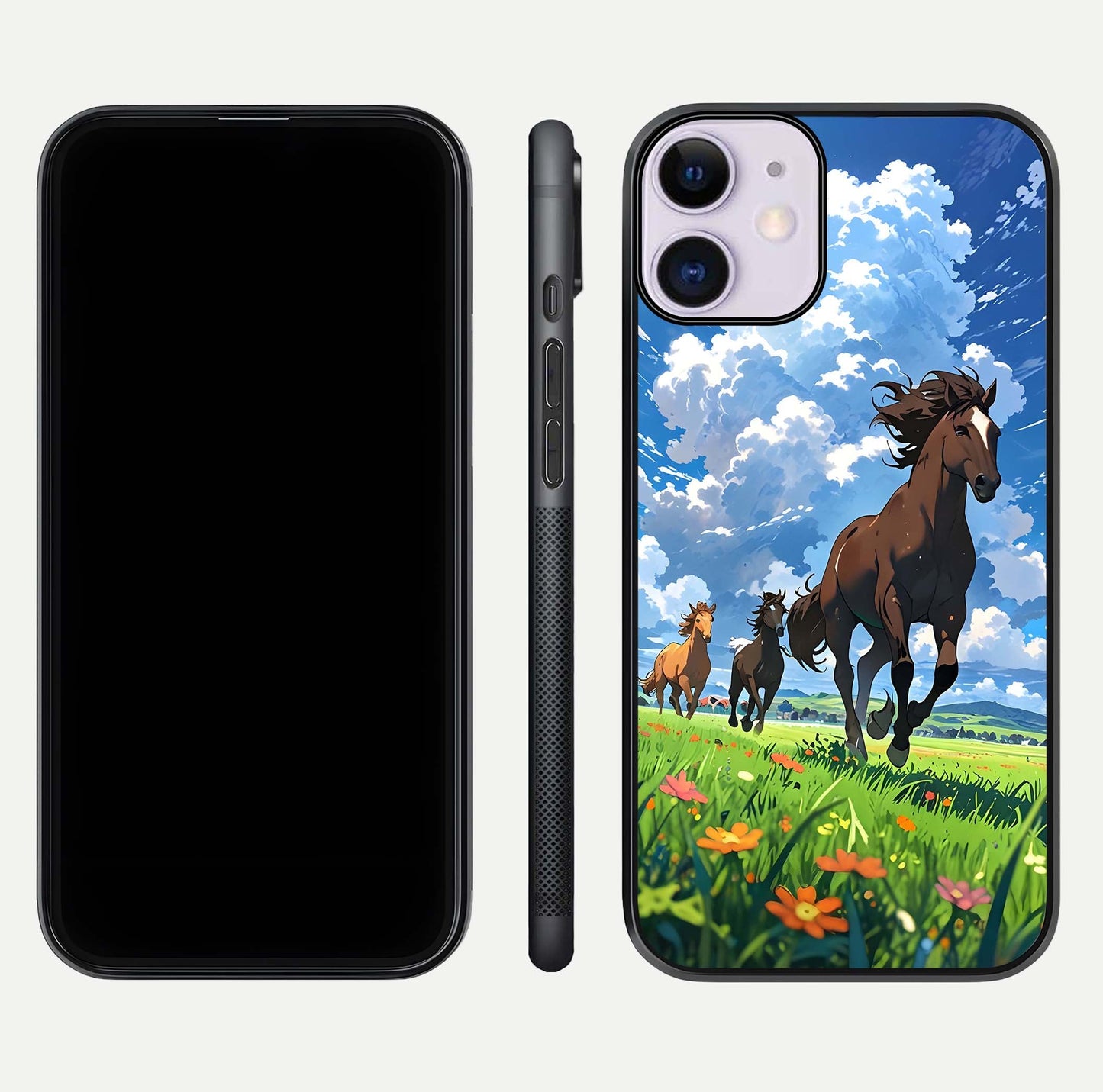 Majestic Horses Galloping Glass Case for iPhone 11 front & back layout highlighting dynamic design and edges