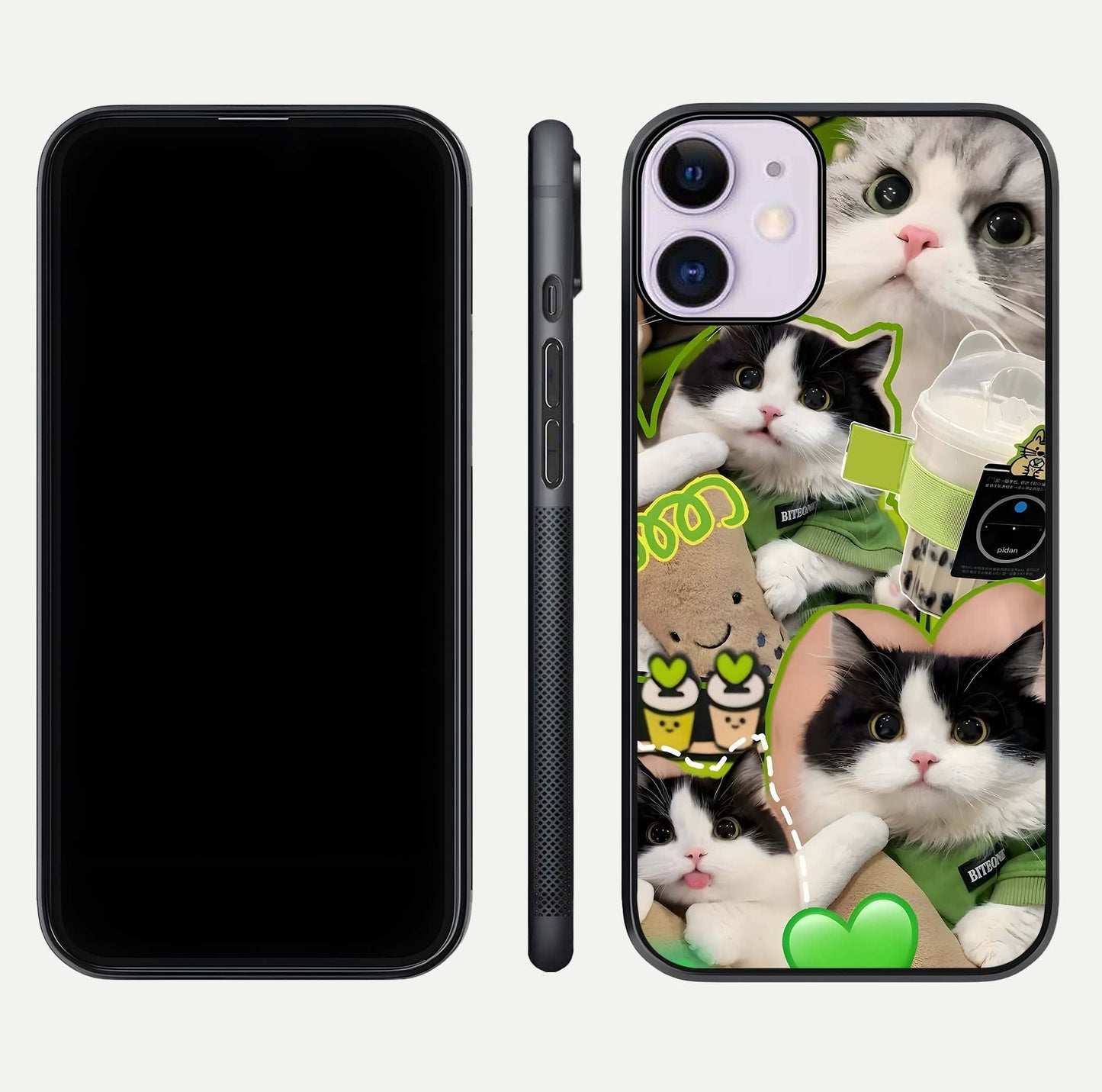 Matcha Cats Mood Glass Case for iPhone 11 front & back layout highlighting cute theme and smooth edges