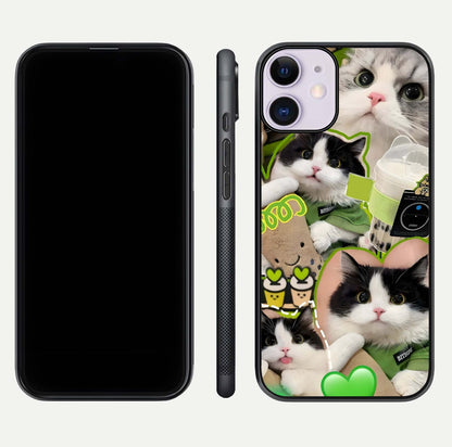 Matcha Cats Mood Glass Case for iPhone 11 front & back layout highlighting cute theme and smooth edges