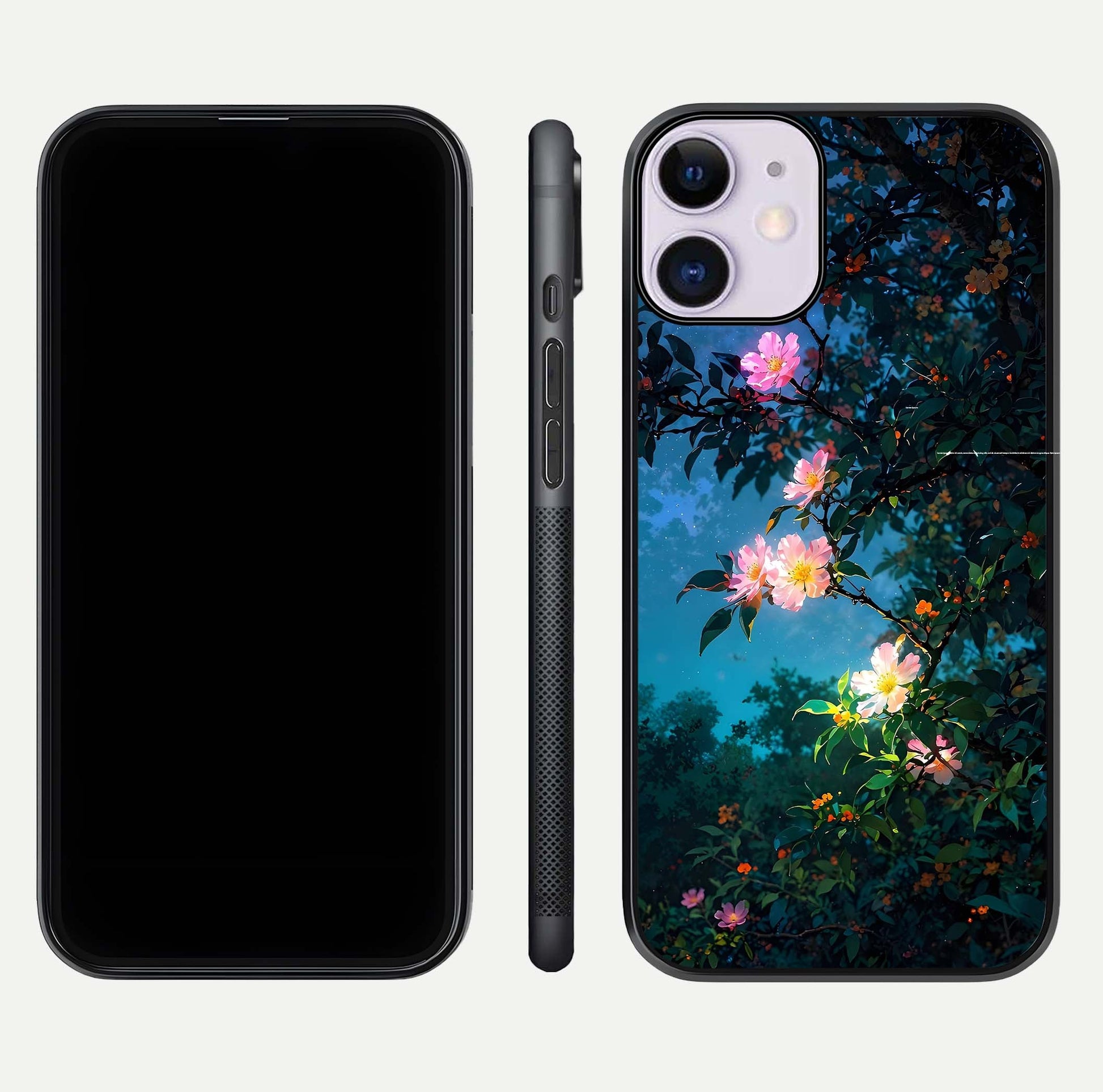 Midnight Bloom Glow Glass Case for iPhone 11 front & back layout highlighting moody tones and smooth finish