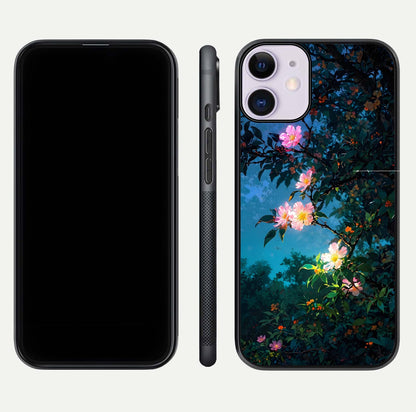 Midnight Bloom Glow Glass Case for iPhone 11 front & back layout highlighting moody tones and smooth finish