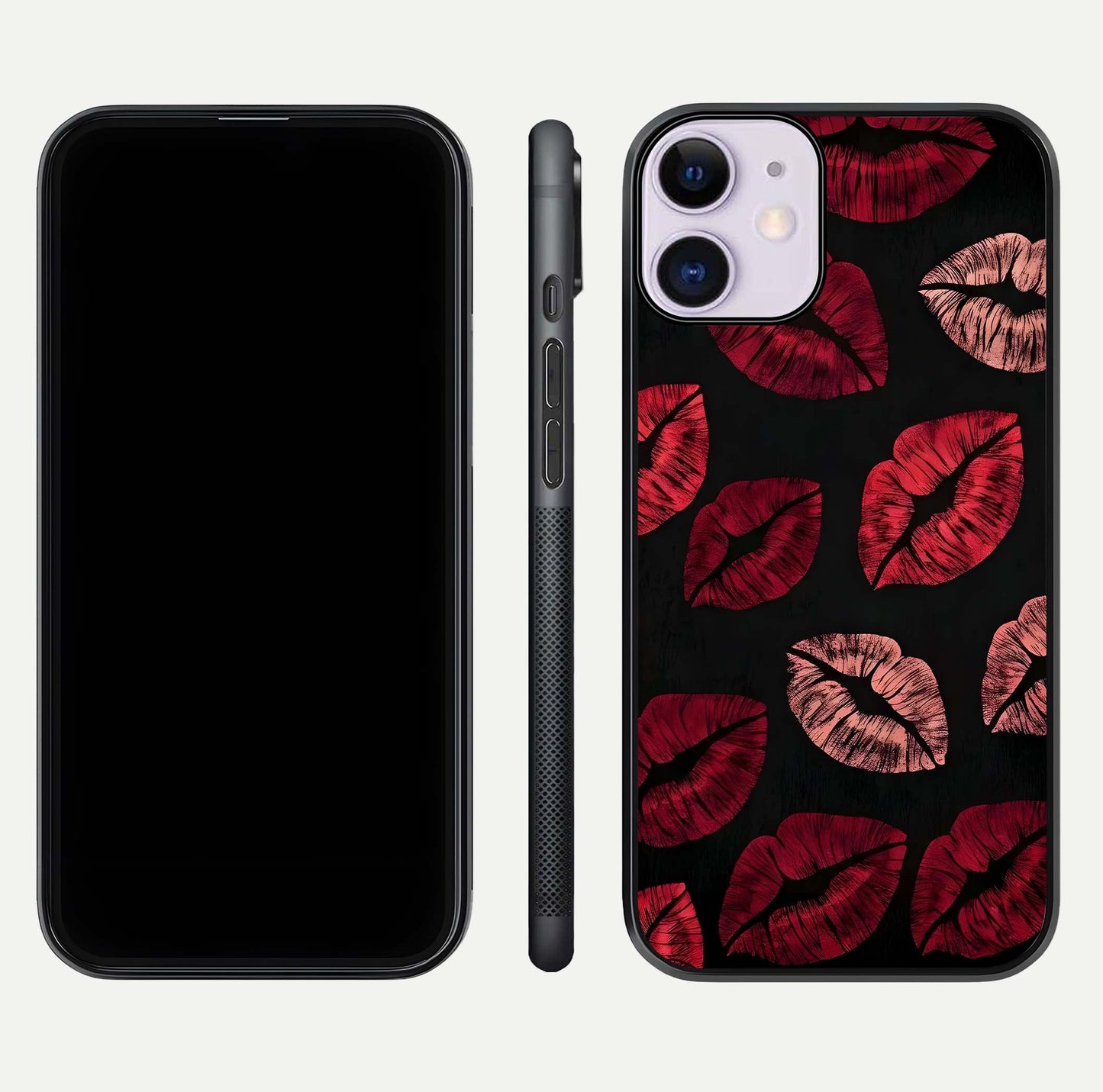 Midnight Kiss Love Glass Case for iPhone 11 front & back view layout showing romantic theme and smooth curves