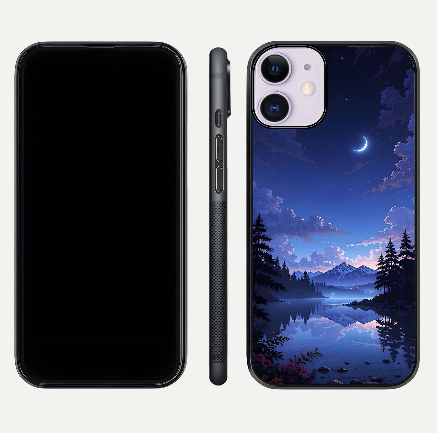 Midnight Lake Peace Glass Case for iPhone 11 front & back layout highlighting calm design and curved edges