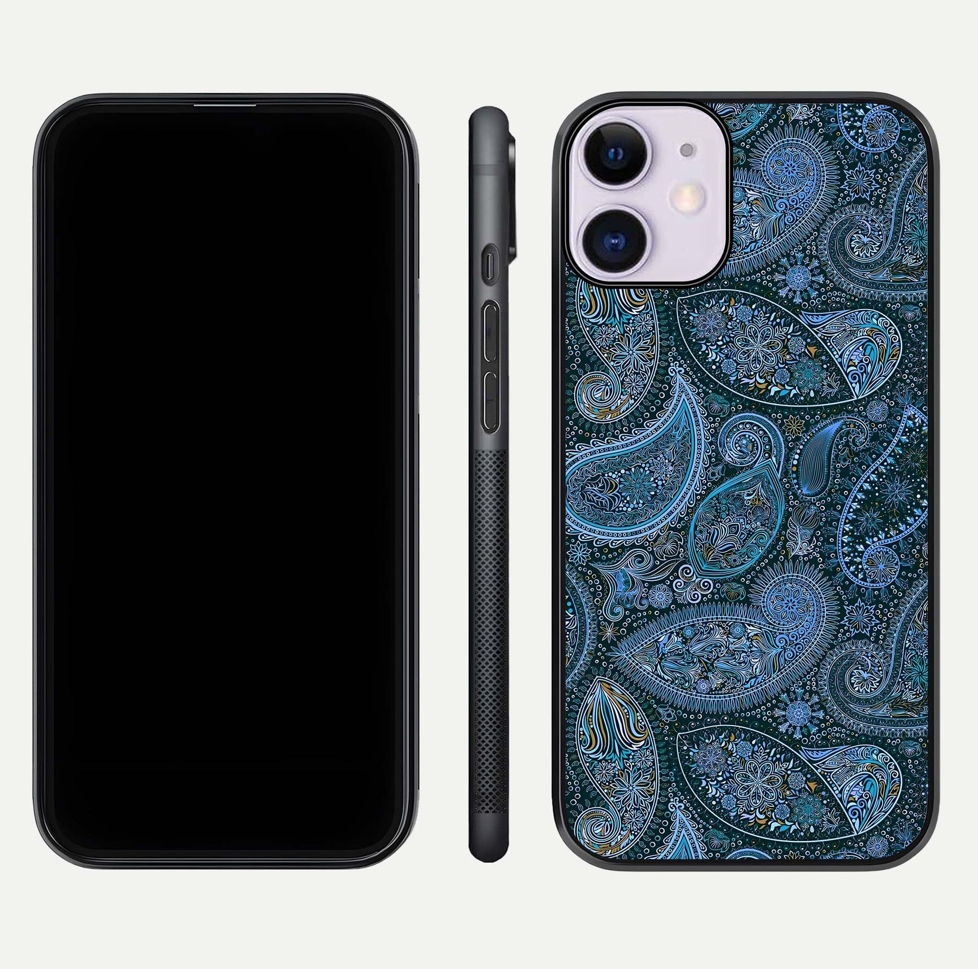 Midnight Paisley Glow Glass Case for iPhone 11 front & back layout highlighting elegant edge finish