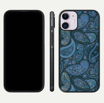 Midnight Paisley Glow Glass Case for iPhone 11 front & back layout highlighting elegant edge finish