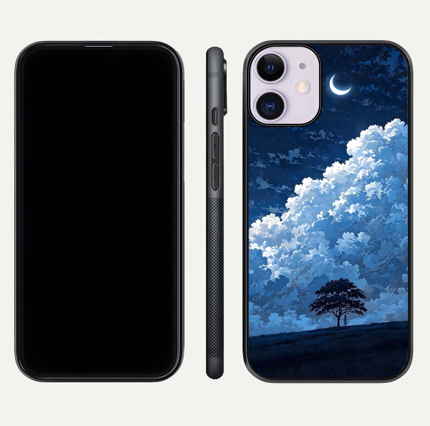 Midnight Sky Serenity Glass Case for iPhone 11 front & back layout highlighting celestial art and curves