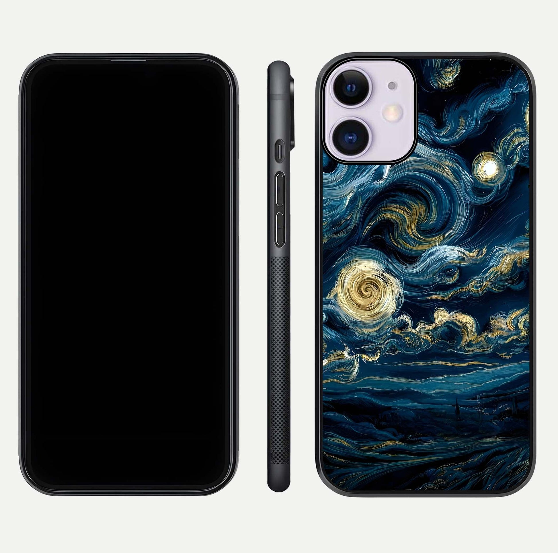 Midnight Sky Whirl Glass Case for iPhone 11 front & back layout highlighting celestial movement art