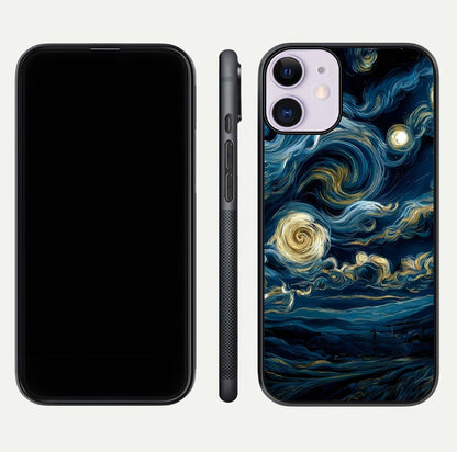Midnight Sky Whirl Glass Case for iPhone 11 front & back layout highlighting celestial movement art