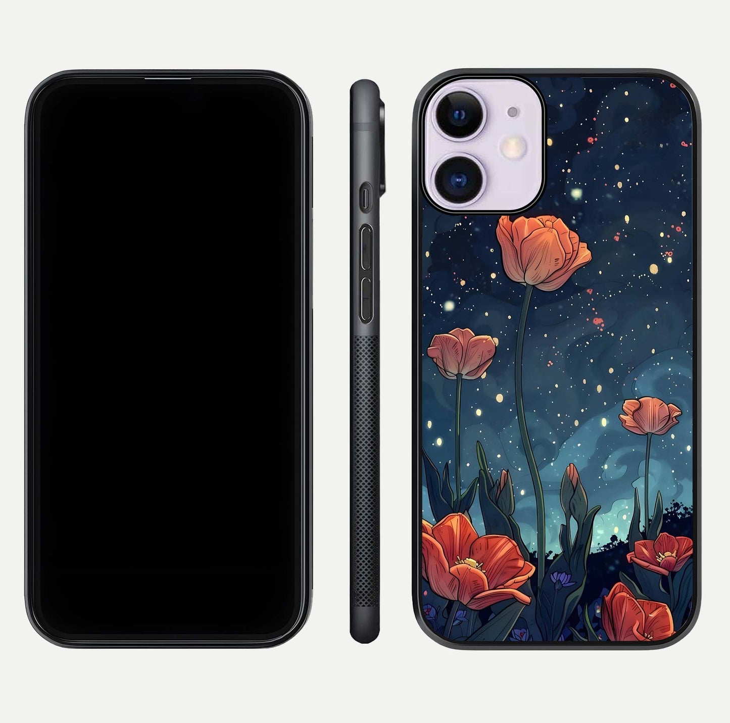 Midnight Tulip Glow Glass Case for iPhone 11 front & back layout highlighting floral glow and curved edges