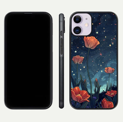 Midnight Tulip Glow Glass Case for iPhone 11 front & back layout highlighting floral glow and curved edges