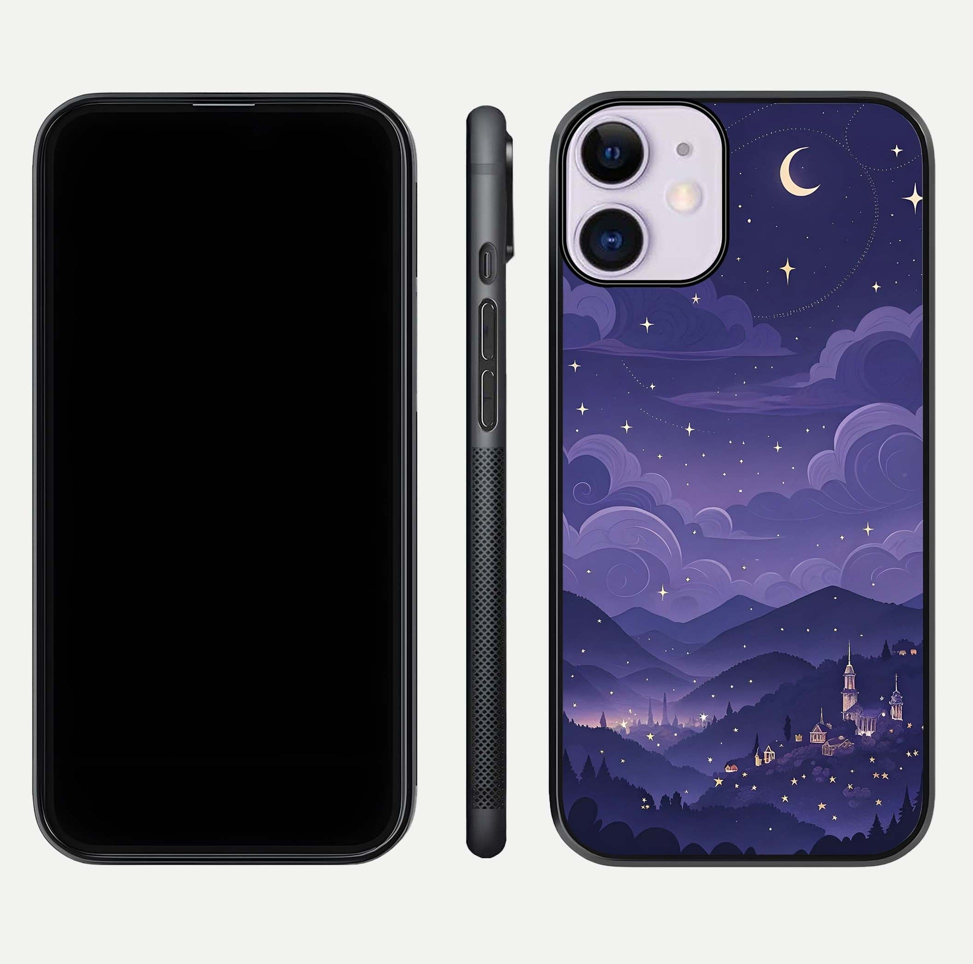 Minimal Night View Glass Case for iPhone 11 front & back layout highlighting minimal night vibe and curves