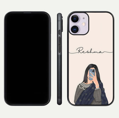 Mirror Mood Muse Custom Name Glass Case for iPhone 11 front & back layout showing personalized name placement