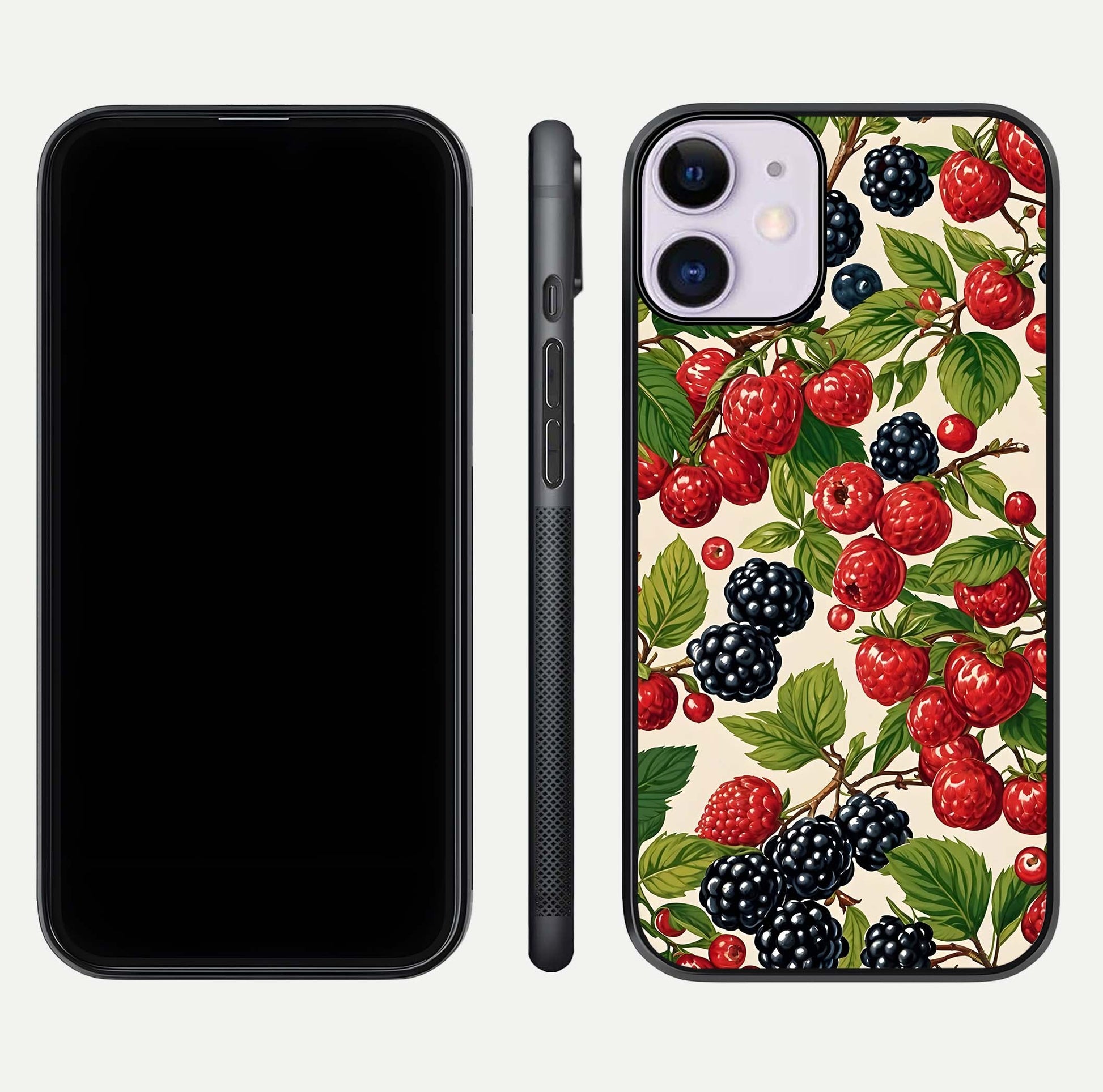 Mixed Berry Collage Glass Case for iPhone 11 front & back layout highlighting colorful art and curved edges