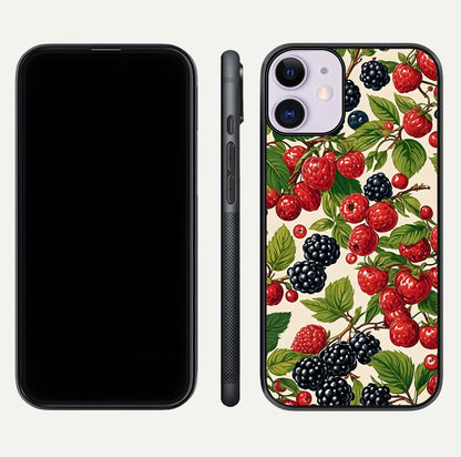 Mixed Berry Collage Glass Case for iPhone 11 front & back layout highlighting colorful art and curved edges