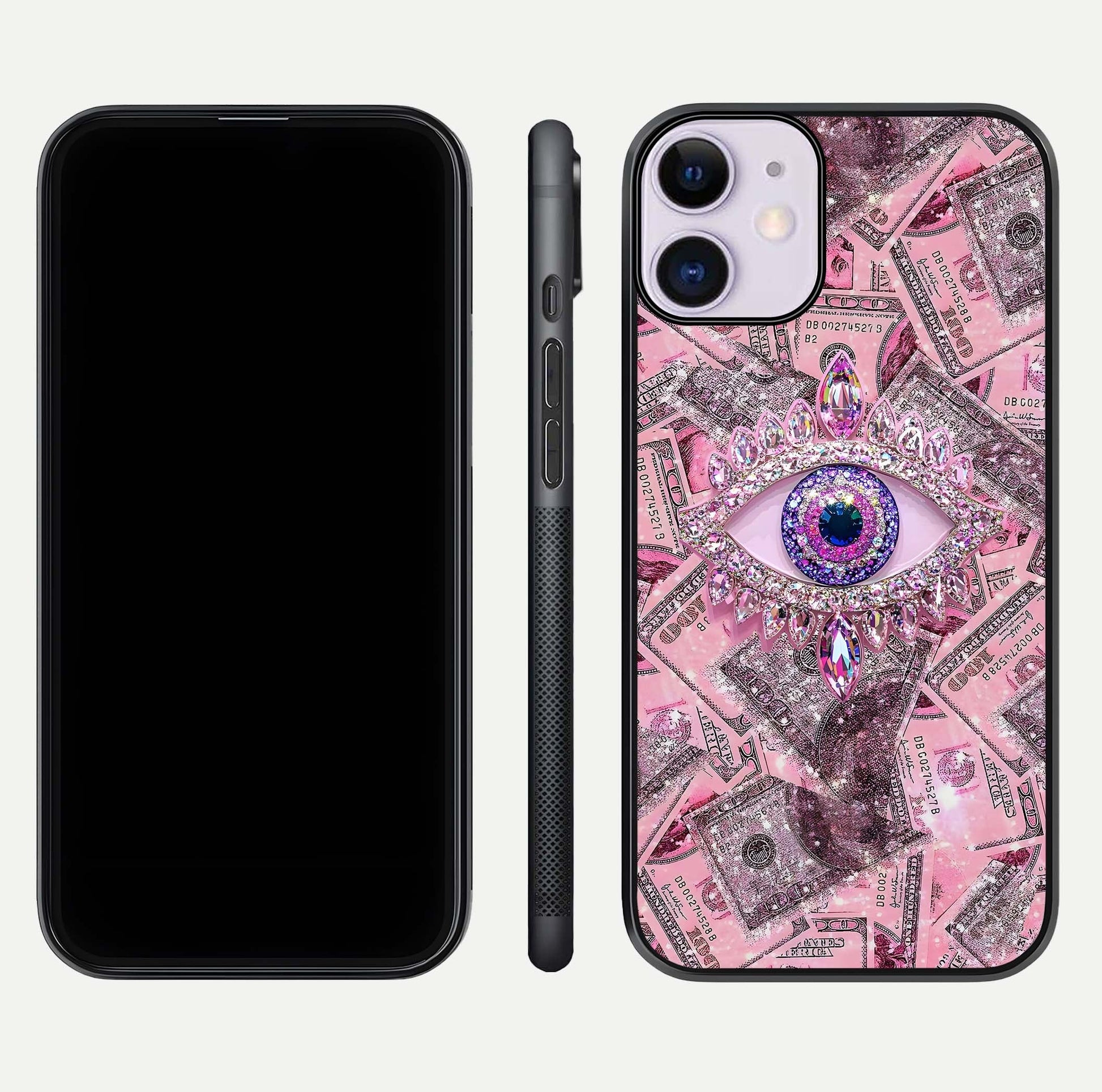 Money Eye Luxe Glass Case for iPhone 11 front & back layout highlighting luxury edge design and bold art